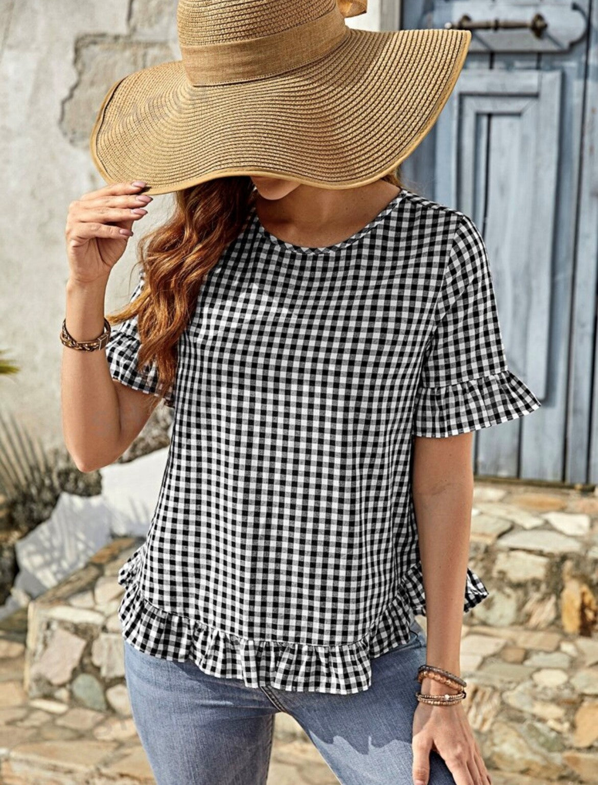 Gingham Frill Bottom Blouse