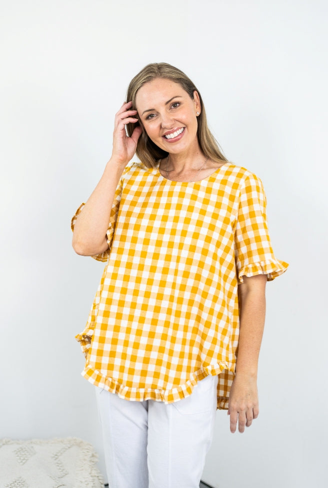 Frill Bottom Blouse - Mustard Gingham