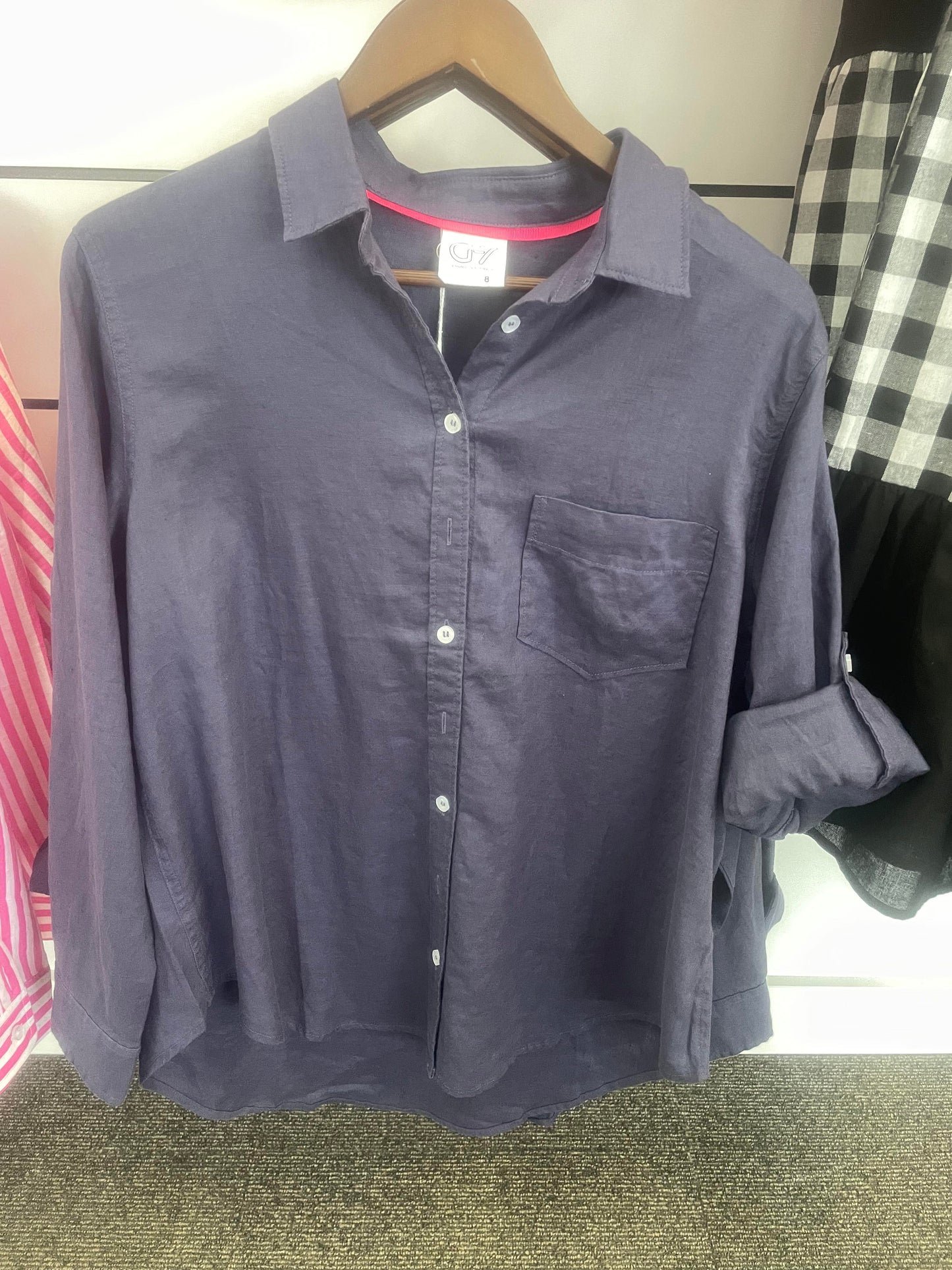 Navy Linen Long Sleeve Top