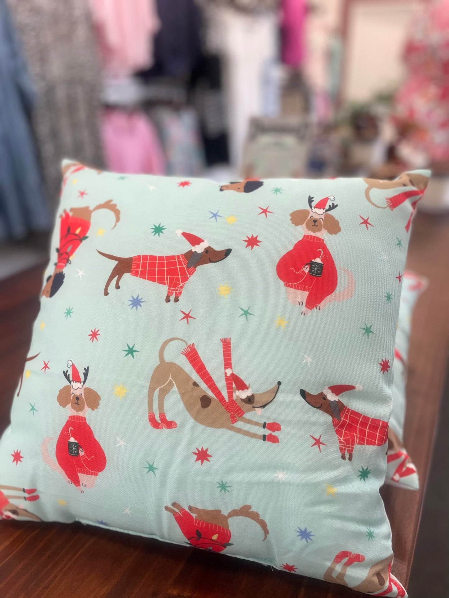 Christmas Cushion - Blue with Dogs