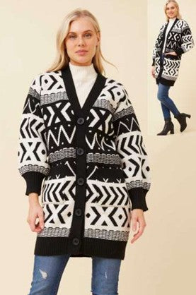 Abstract Pattern Long Line Knit Cardi
