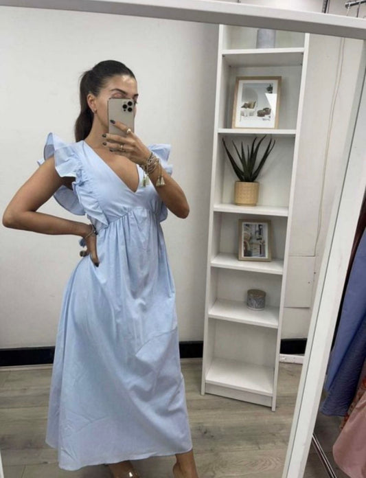 Powder Blue Ruffle Shoulder Midi Dress