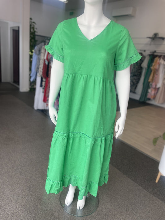Green Linen Tiered Dress