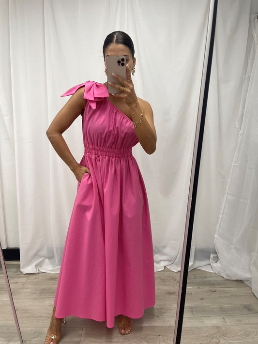 Pink One Shoulder Linen Dress