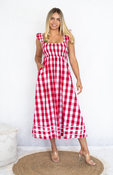 Red Gingham Midi Dress